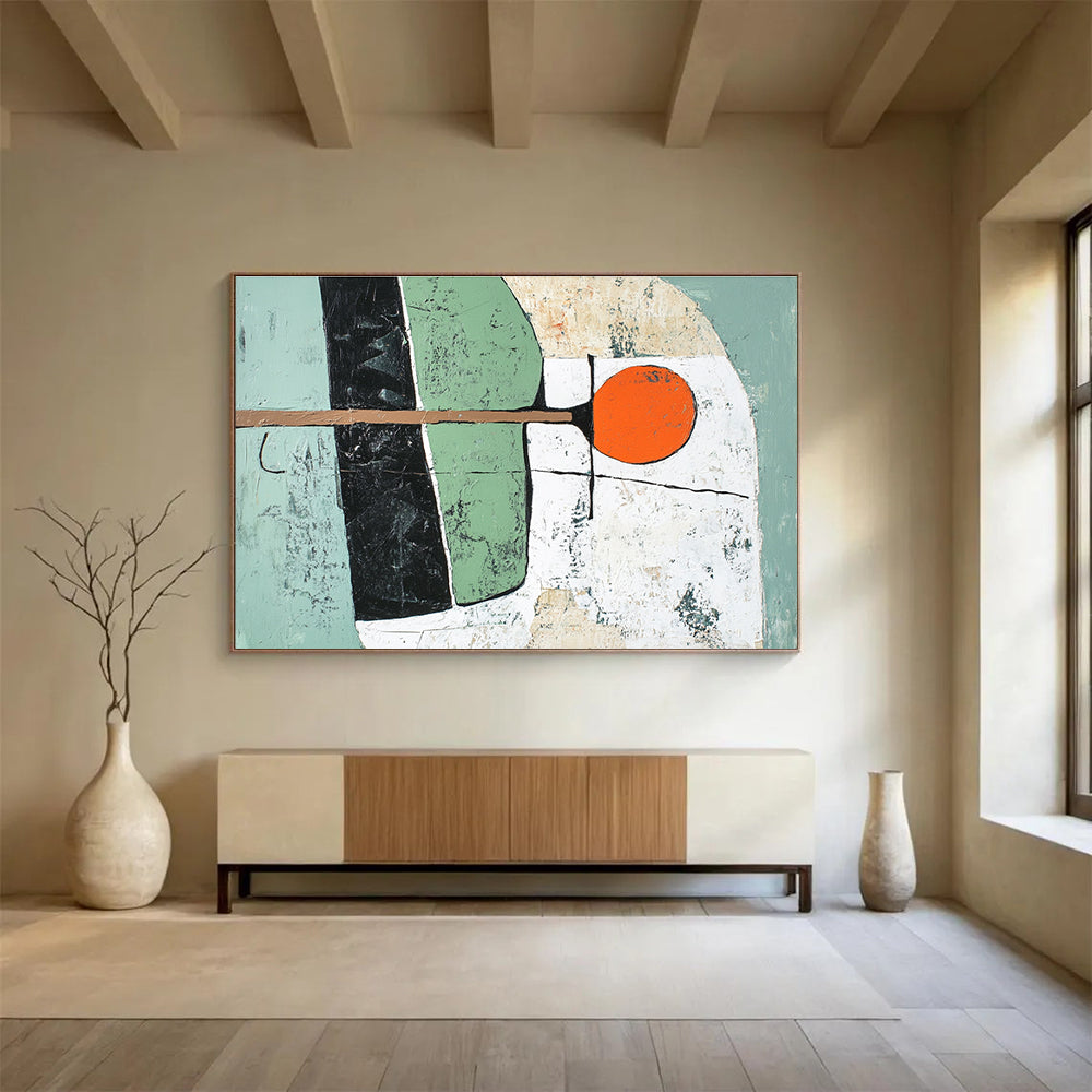 Geometric Shapes Abstract Painting with Green Black and Orange Tones DYP351