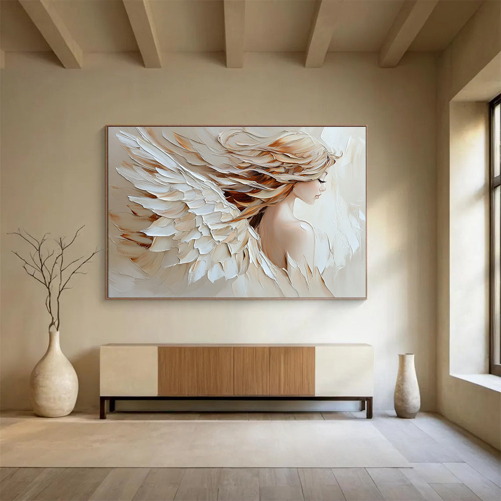 Large abstract oil painting of an angel with palette knife texture in beige and white colors featuring flowing hair on canvas.SC105