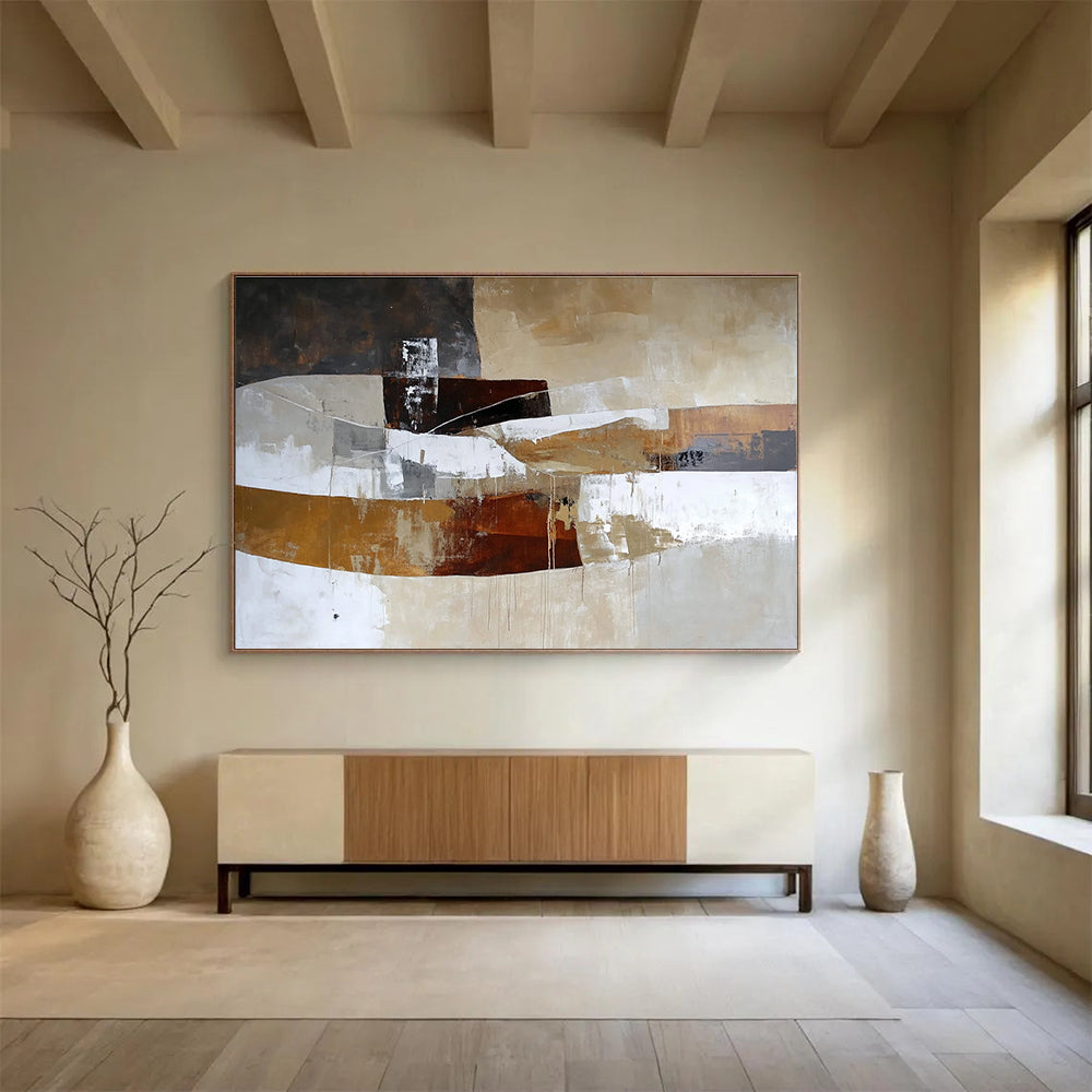 A large abstract oil painting featuring shapes and lines in earthy tones of white beige brown and grey in a rustic landscape styleSC321