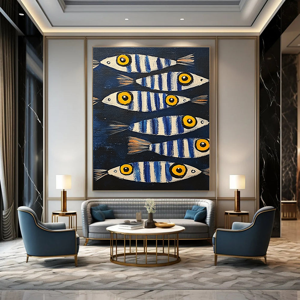 A large abstract painting featuring sardines with blue and white stripes and yellow eyes, set against a dark background.STSC1171