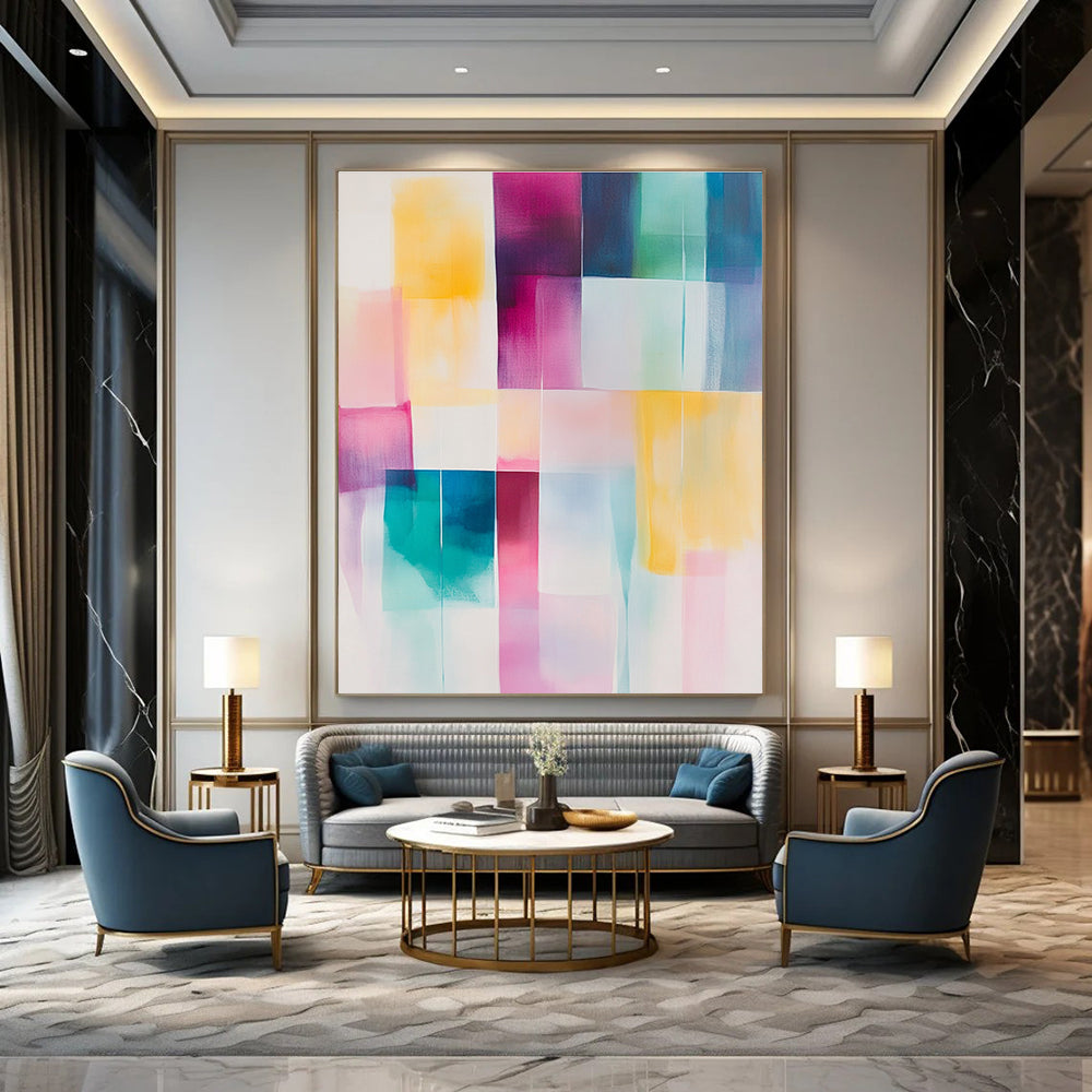Large abstract painting in soft pastel colors featuring geometric blocks of pink yellow teal and white for a calming artistic touch.STSC804