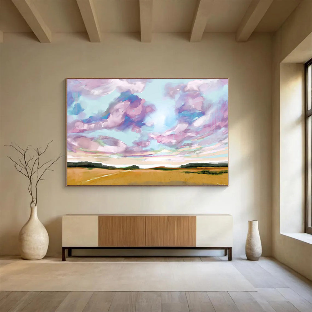 Sky and Field Abstract Painting with Colorful Clouds and Golden Fields THY149