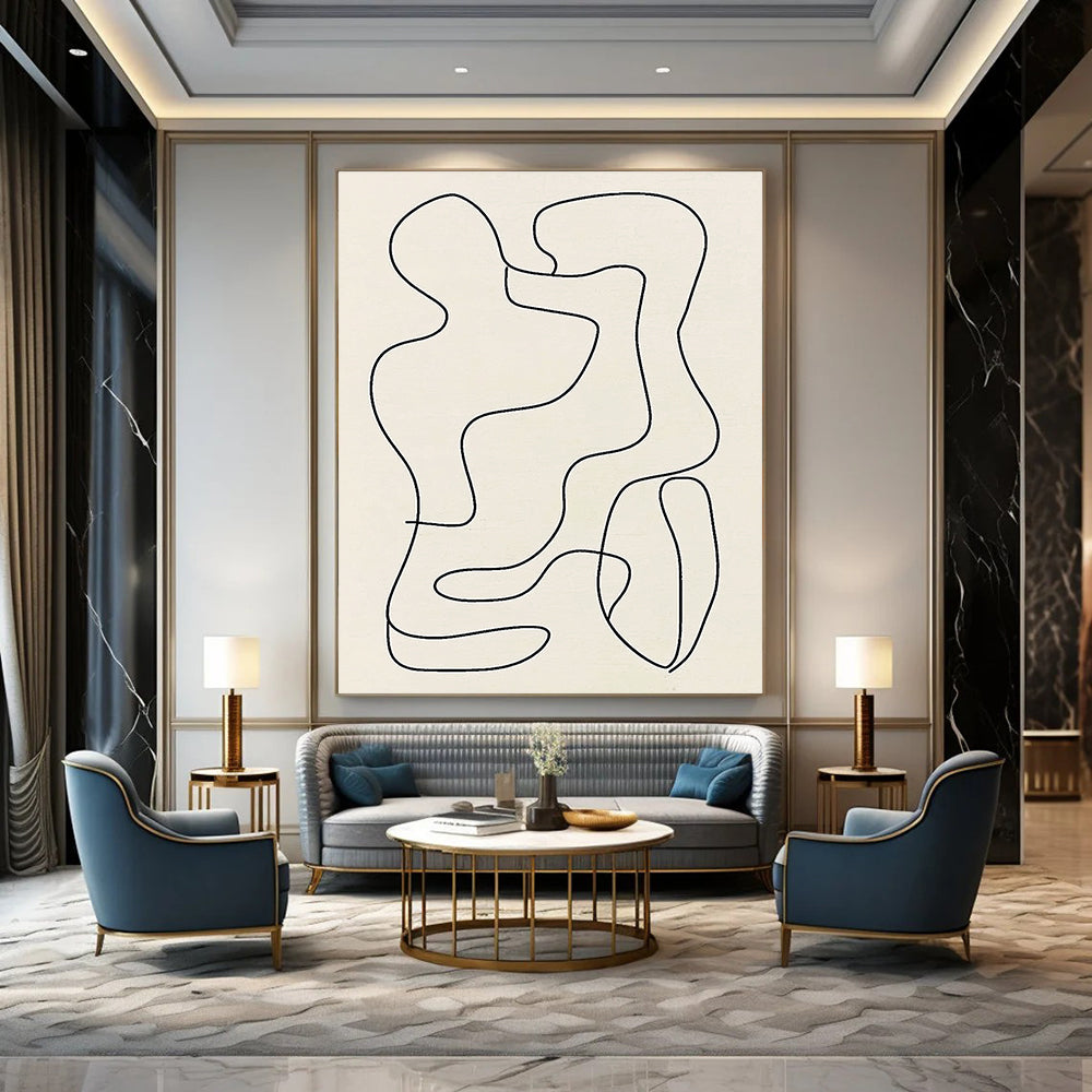 Large abstract line drawing of organic shapes in black on light gray, inspired by Matisse's minimalistic style for a striking aesthetic touch.STSC121