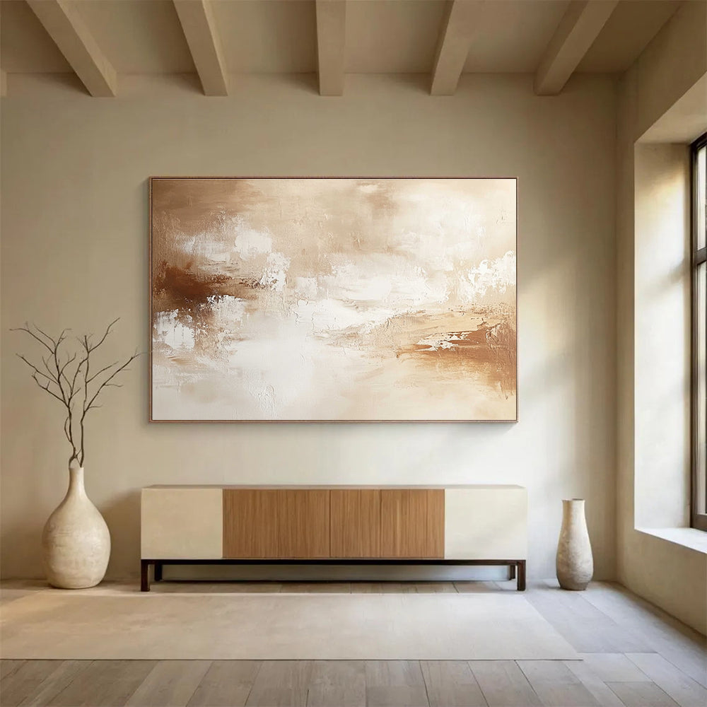 Large abstract painting with warm neutral tones soft brushstrokes and subtle textures creating a calming and sophisticated atmosphere.SC010