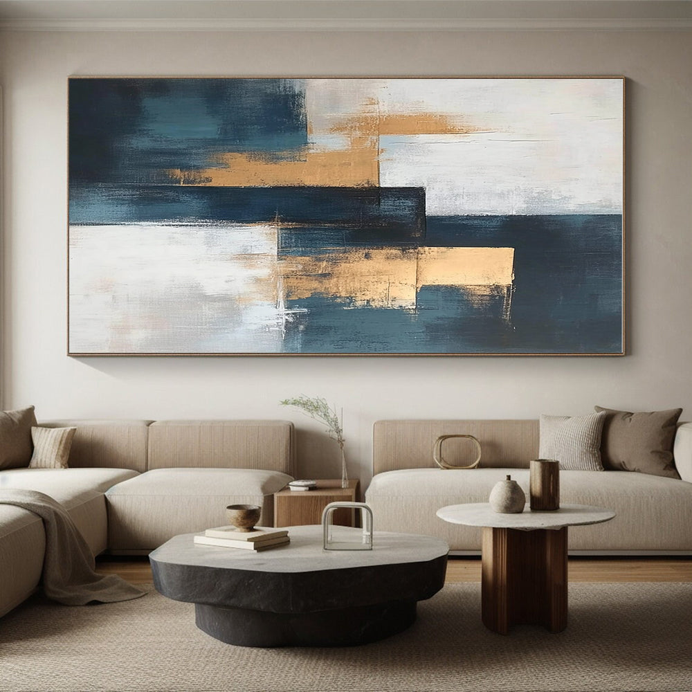 Teal and Gold Abstract Painting with Geometric Elegance GER374