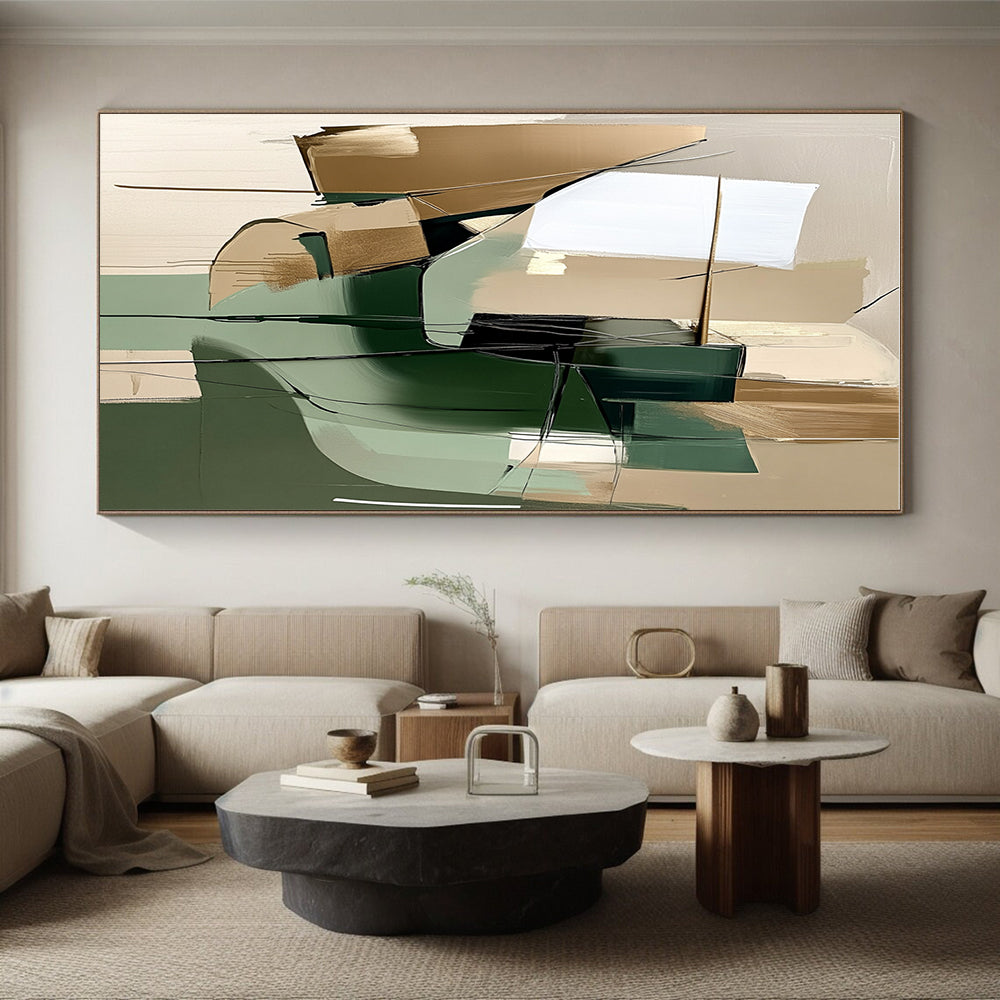 Green and Beige Abstract Painting with Dynamic Lines GER442