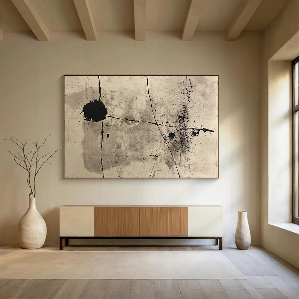 Large abstract painting with black ink, lines and shapes inspired by John Rolf Bauer, featuring neutral tones on paper.SC093