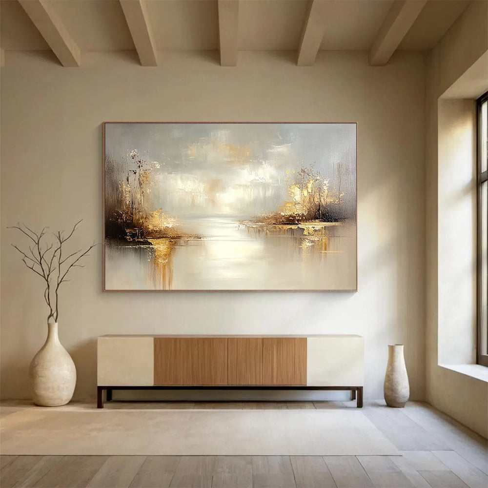 Large abstract oil painting of a misty lake featuring grey and beige tones with stunning gold accents for a serene ambiance.SC117