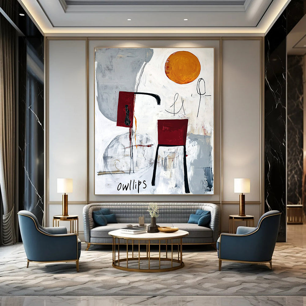 Abstract painting featuring white gray and red with moon chair legs orange circle black ink scribbles and hand drawn Owlips at the bottom.STSC828