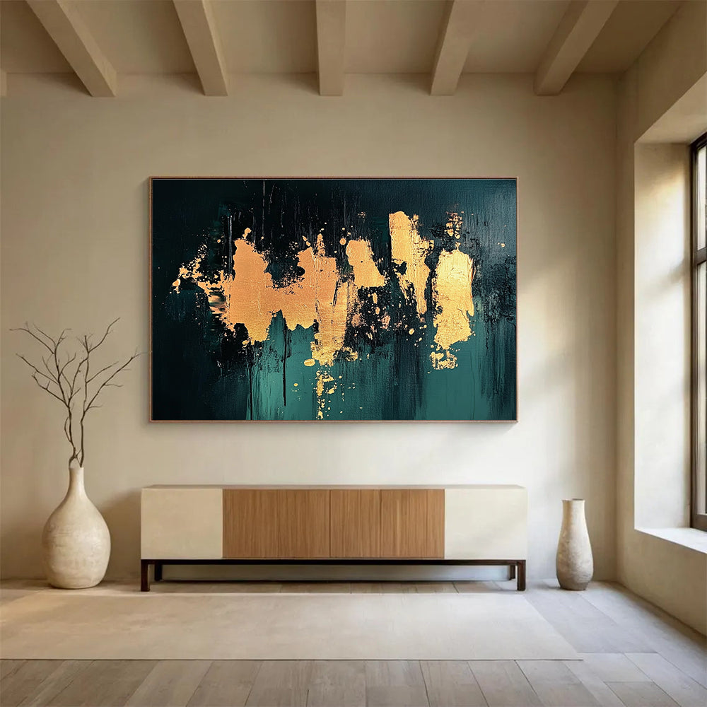 Gold Splash on Green Abstract Painting with Bold Textures DYP418