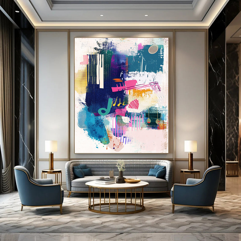 Large abstract painting capturing urban energy with musical notes and vibrant colors on textured paper leaving space for text or logos.STSC560