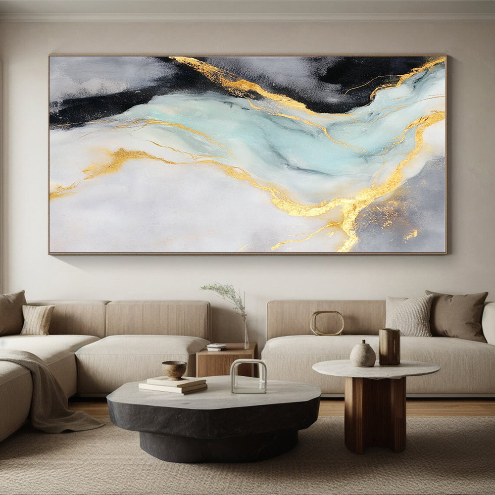 Gold Blue Gray Abstract Painting with Flowing Gold Lines GER740