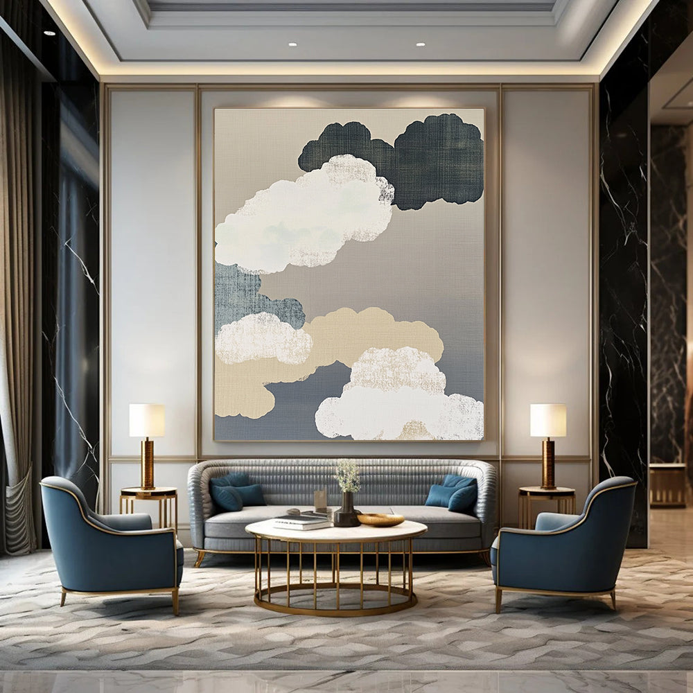 Large abstract painting featuring delicate brushwork with white clouds gray background and organic shapes in a minimalist beige color scheme.STSC1149