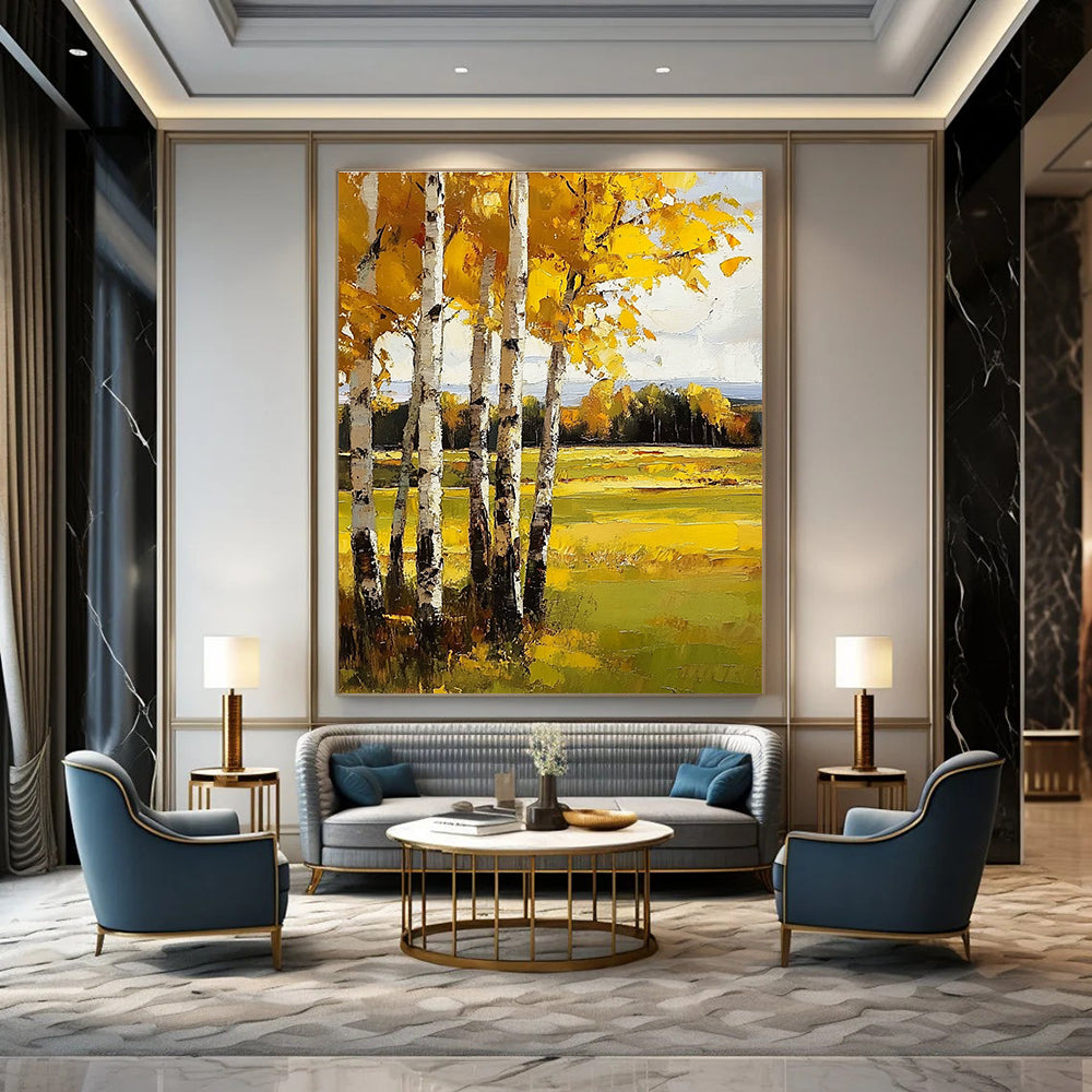 Abstract painting featuring yellow birch trees vibrant autumn colors textured depth and realistic detail in a captivating landscape setting.STSC1015