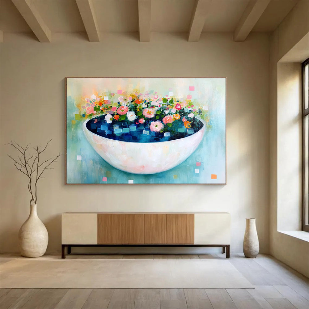 A large abstract painting featuring a bowl of blue water with flowers and leaves, adorned with pastel colors and delicate brush strokes for a whimsical touch.SC343