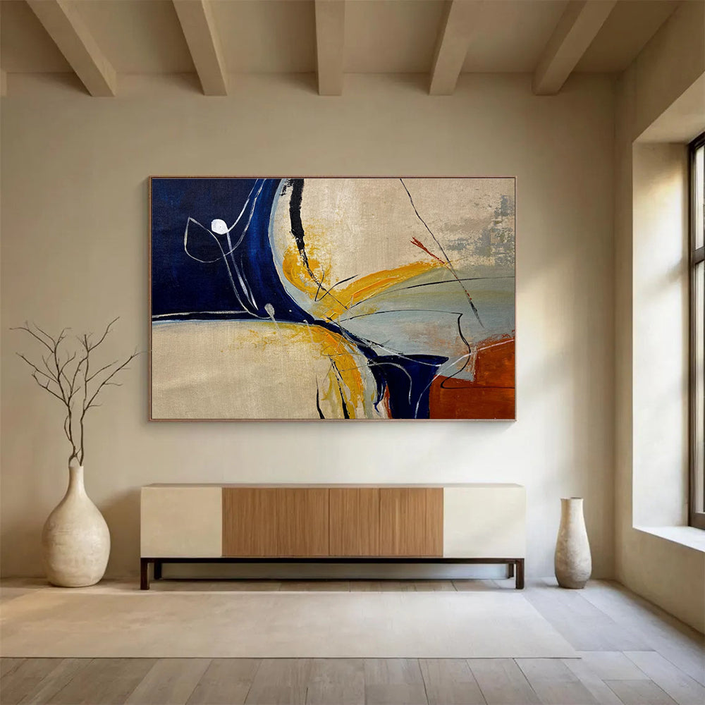 Blue Yellow Line Abstract Painting with Minimalist Shapes THY331