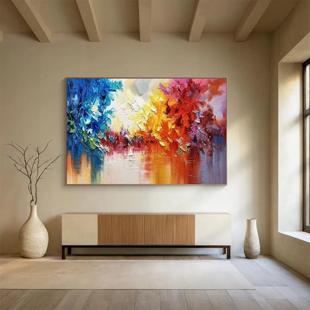 Colorful Tree Reflection Abstract Painting with Blue, Yellow, Red, and Purple Hues THY186