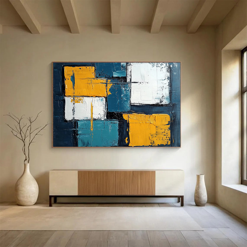 Geometric Abstract Painting with Blue Yellow and White Blocks DYP281