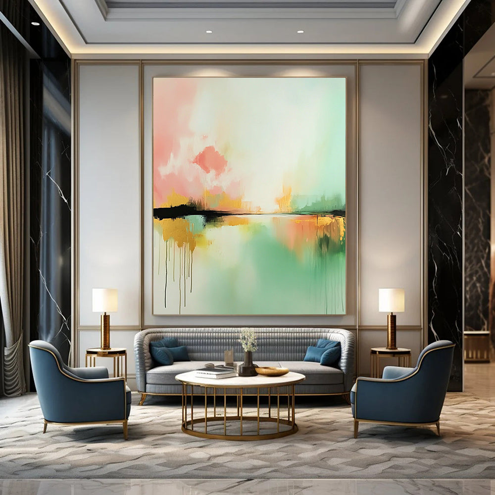 Large abstract painting inspired by Claude Monet featuring light pink mint green and gold hues with expressive brush strokes and a serene water foreground.STSC086