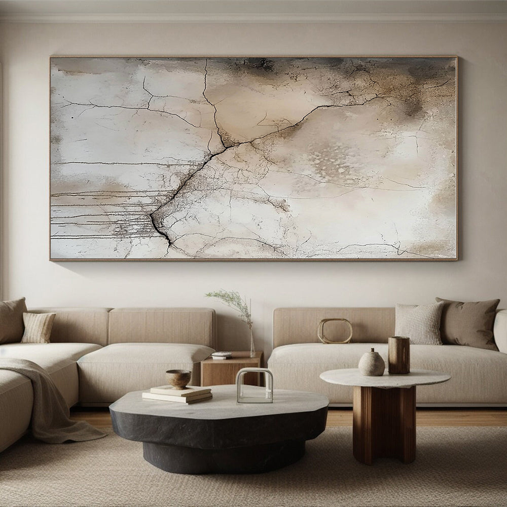 Beige and Gray Abstract Painting with Dramatic Cracks GER565
