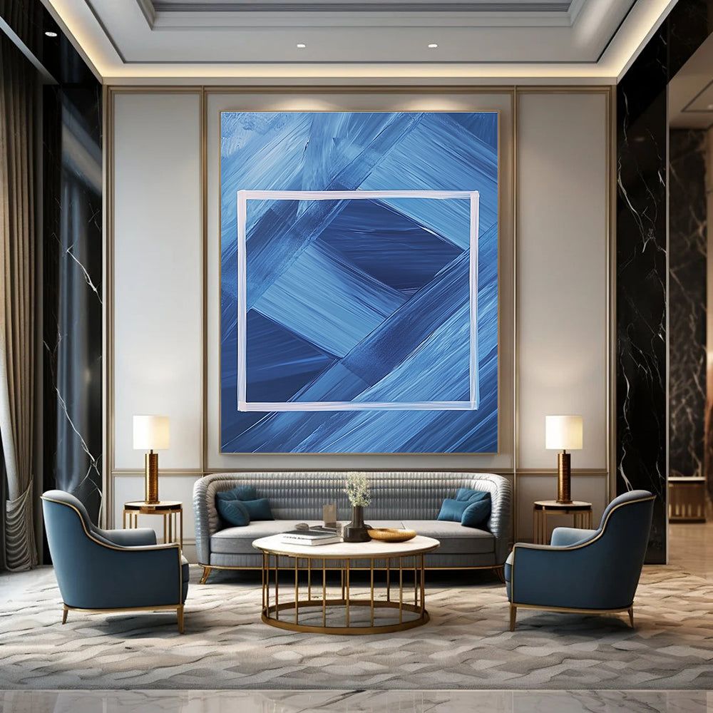 Abstract painting featuring a dark blue background with a white frame and geometric shapes creating a symmetrical minimalist design.STSC037