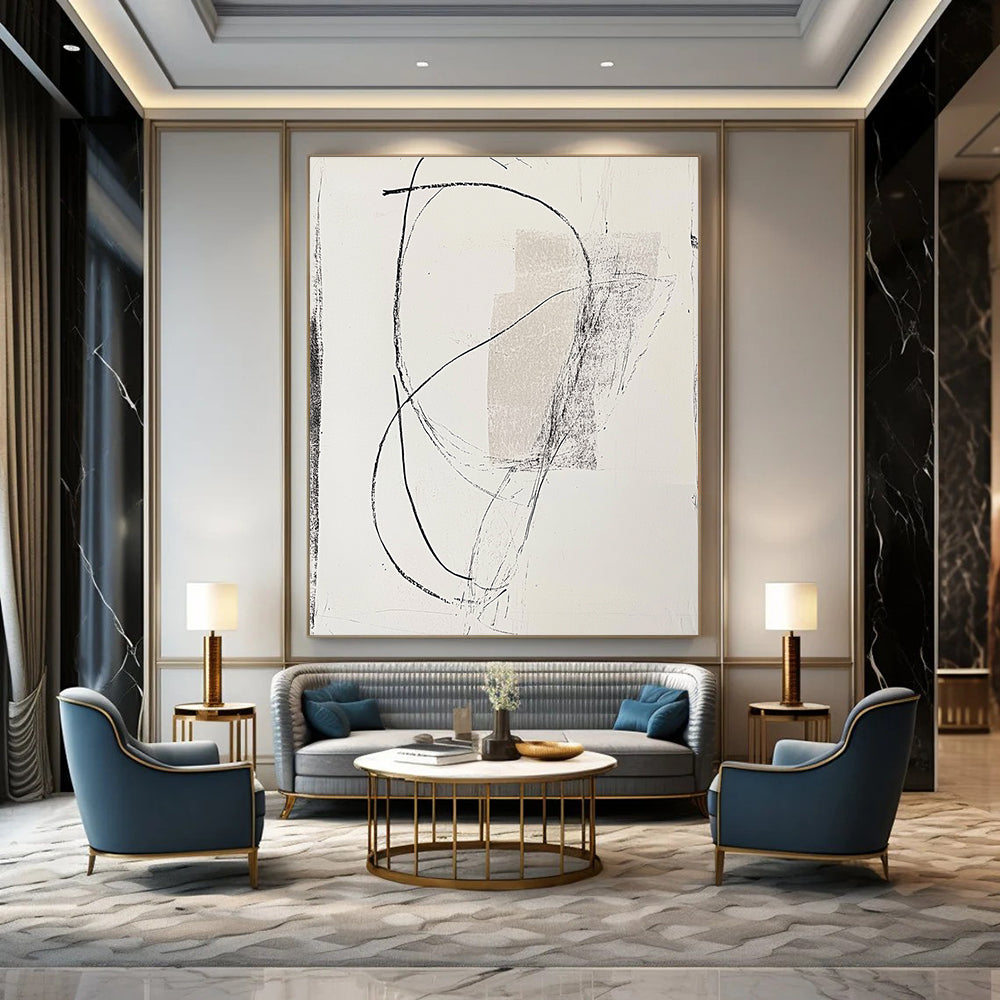 Large abstract drawing on paper featuring a side figure intertwined with curved lines against a light gray background.STSC1256