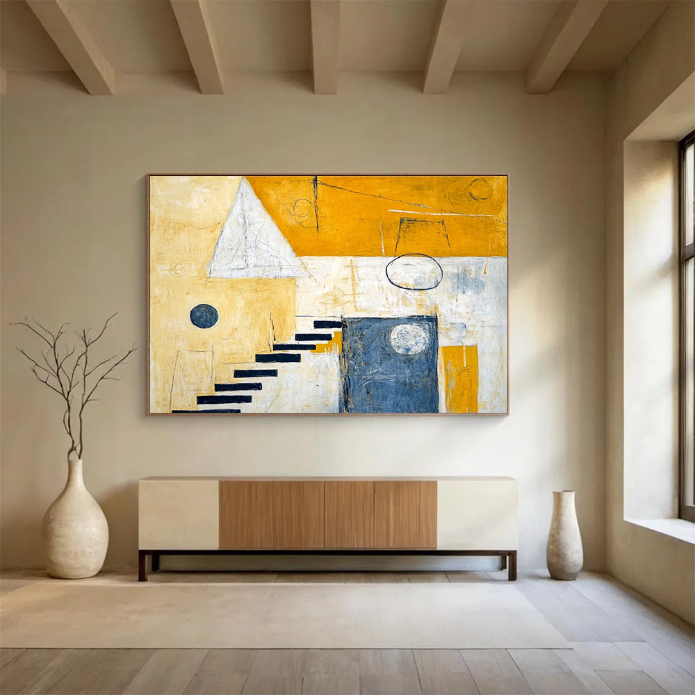 A large abstract painting featuring yellow and white hues, stairs leading to the sky, geometric shapes, and contrasting circles and squares.SC392