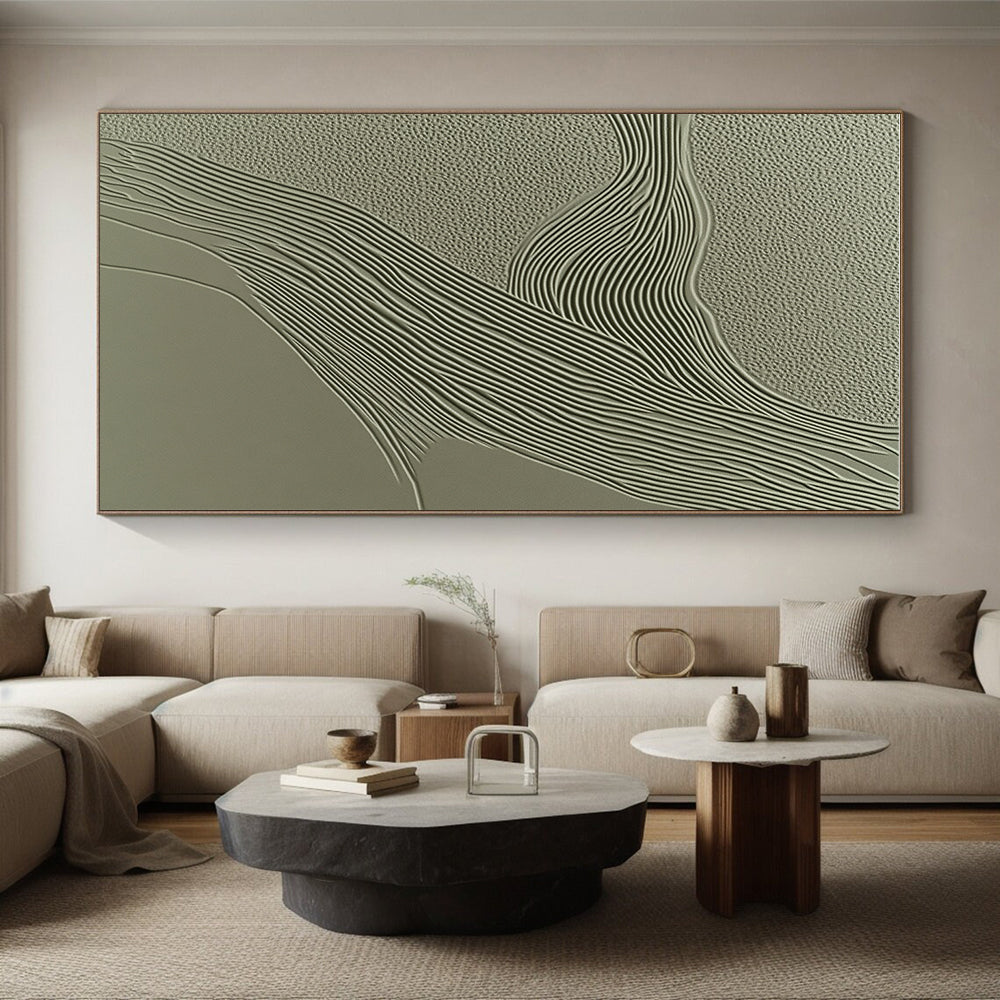 Green Textured Abstract Painting with Wavy Lines GER059