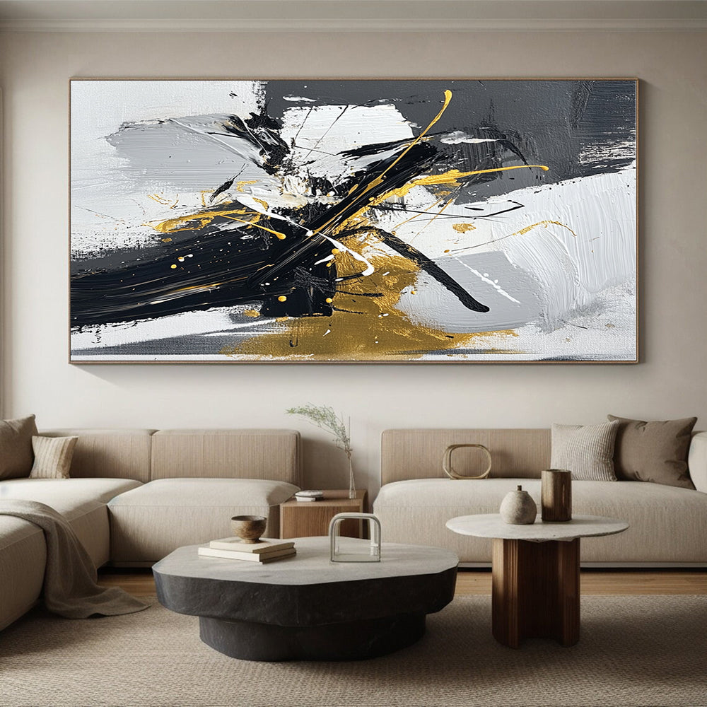 Black Gray White and Gold Abstract Painting with Dynamic Brushstrokes GER020