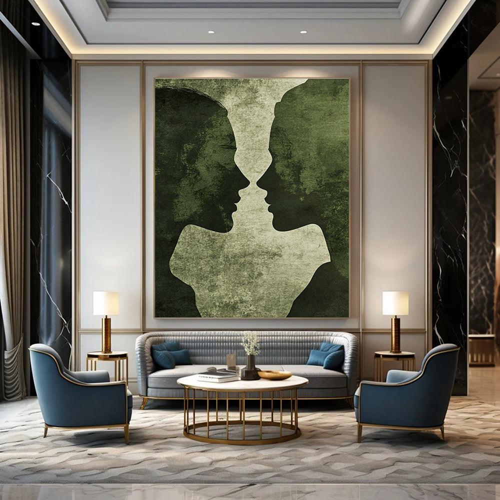 Abstract artwork featuring minimalistic male and female silhouettes in vintage green tones with grunge texture and deep shadows on a dark grey background.STSC1446