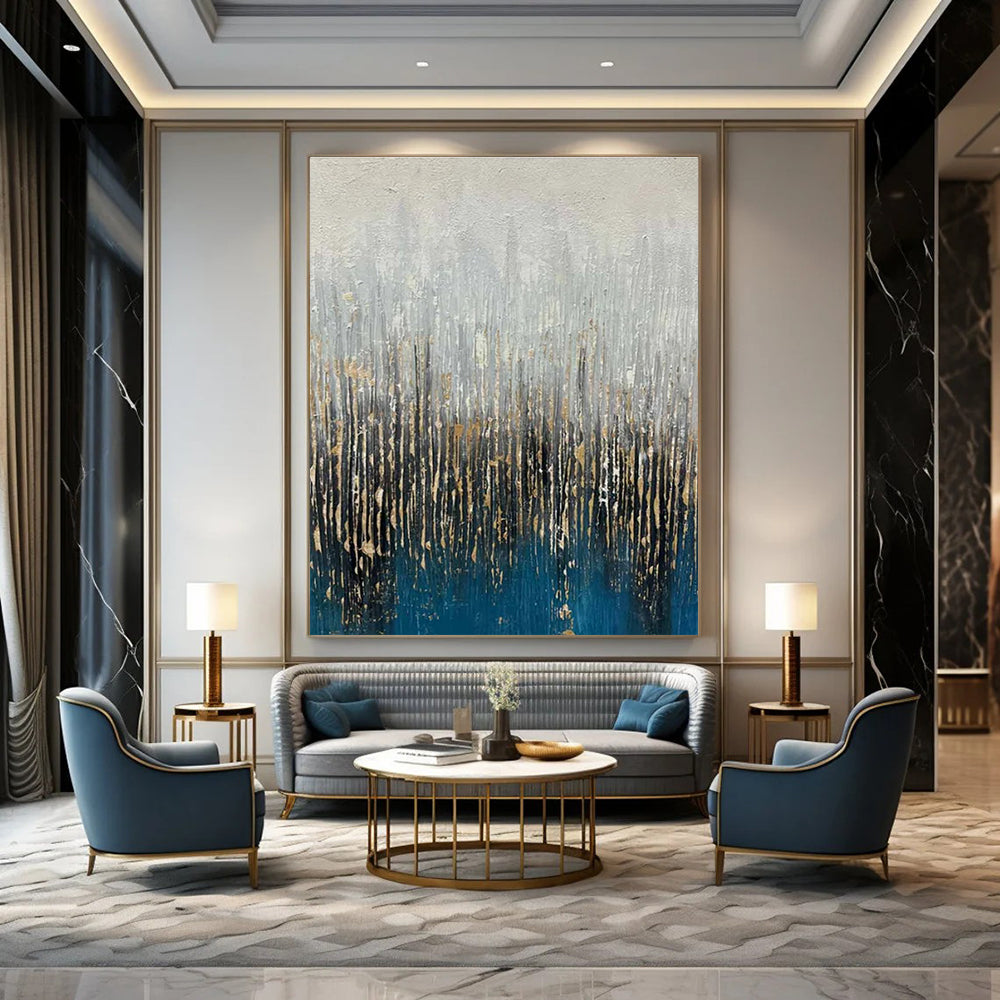 Blue, Gray, and Gold Textured Abstract Painting with Vertical Elements ADGE406