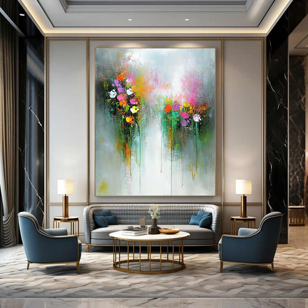 Large abstract oil painting of ethereal flowers in an enchanted garden featuring muted pastel colors on a white background.STSC182
