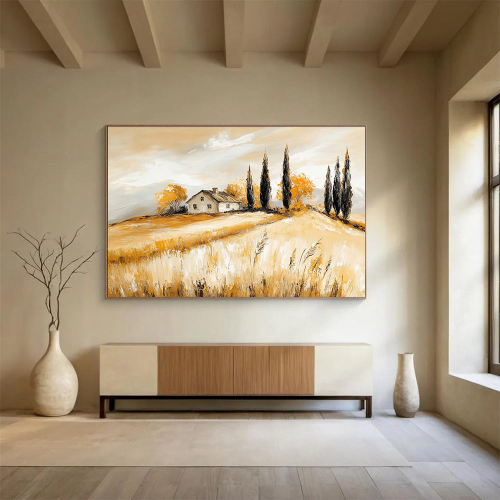 Yellow - Toned Rural Landscape Abstract Painting with a House DYP134