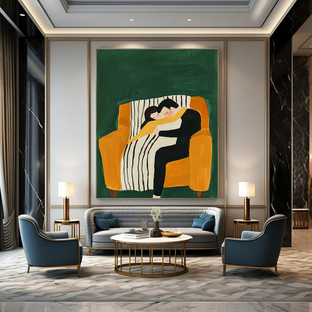 An abstract gouache illustration featuring a couple cuddling on an armchair with a striped blanket against a vibrant green background.STSC1054