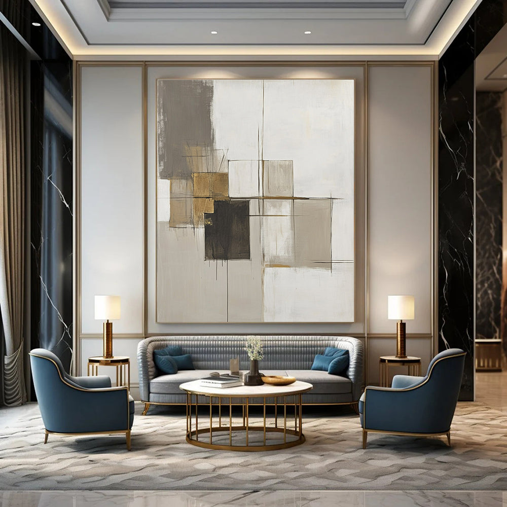 Large abstract painting featuring neutral tones, thick brush strokes, a central abstract structure, and gold accents on a minimalist canvas.STSC778