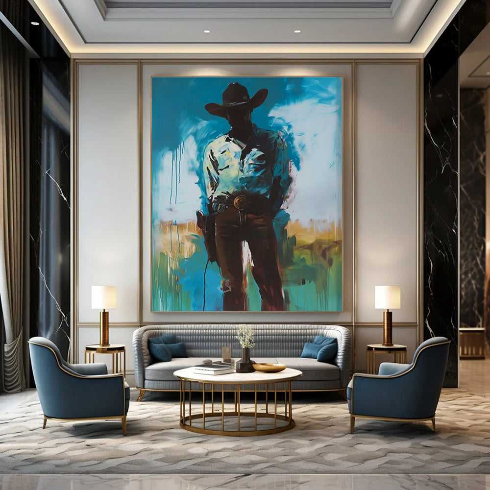 Silhouetted Cowboy in Blue Abstract Painting ADGE102