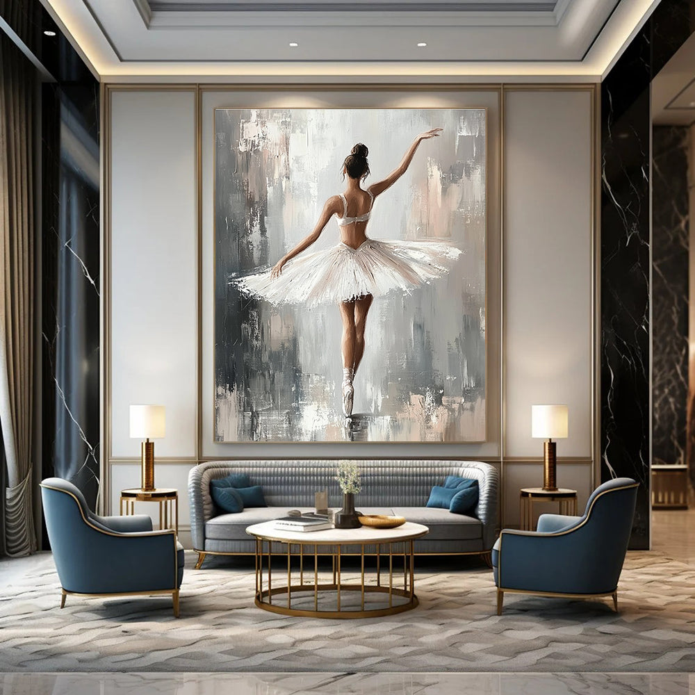 Large abstract painting of a ballerina in a white tutu with soft brush strokes on a grey background featuring a neutral color palette and canvas texture.STSC1380