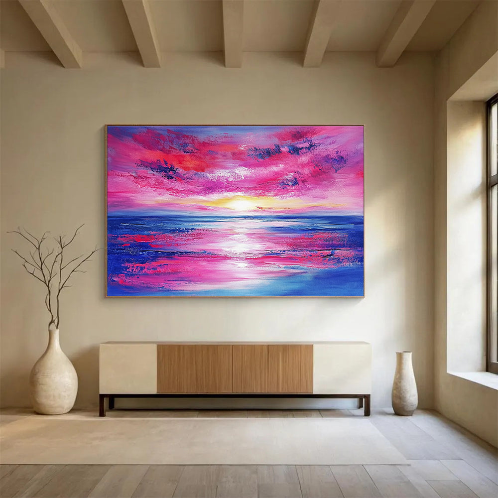 Pink Sky and Sea Abstract Painting with Vivid Sunset Colors DYP128