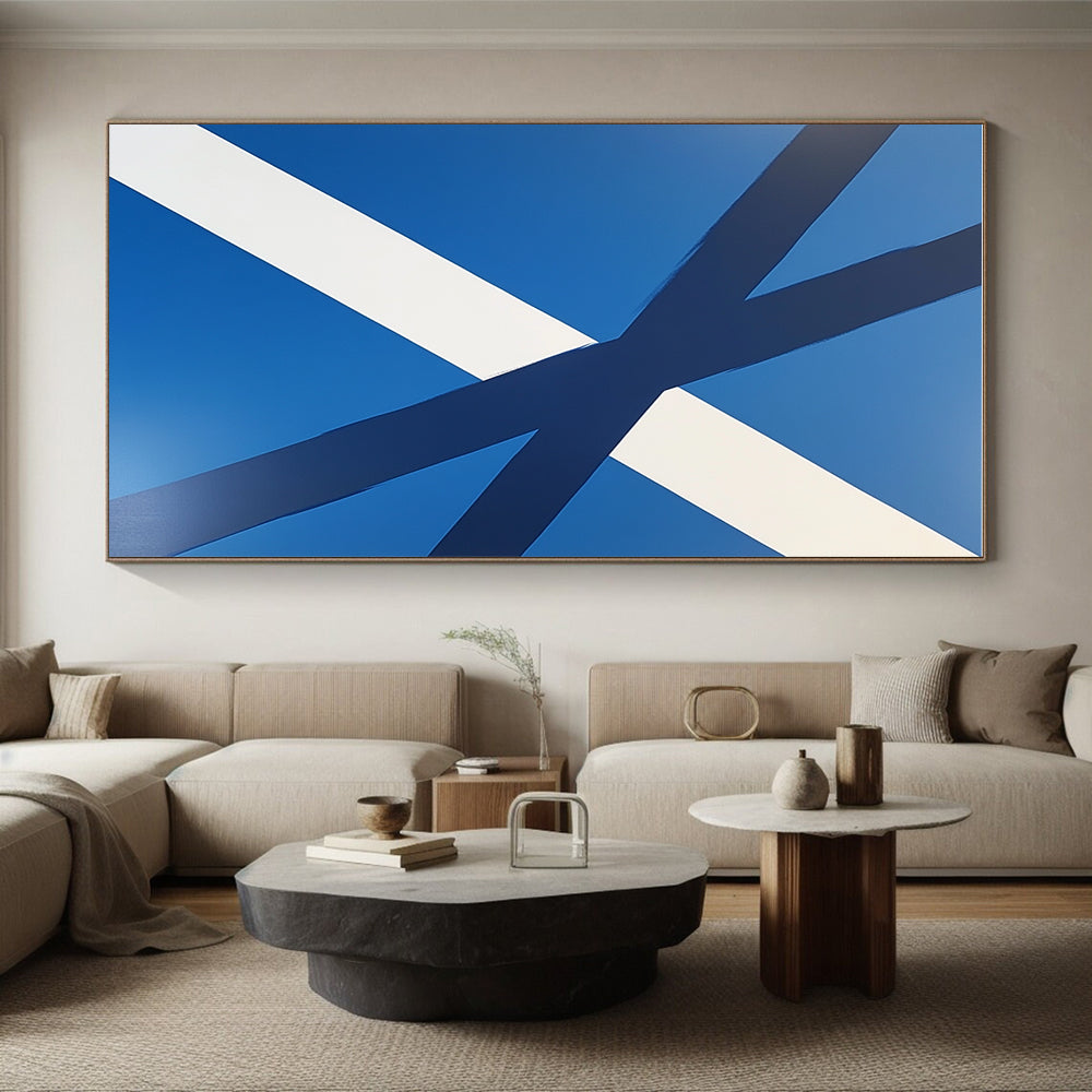 Blue and White Crossed Ribbons Abstract Painting with Clean Lines GER023
