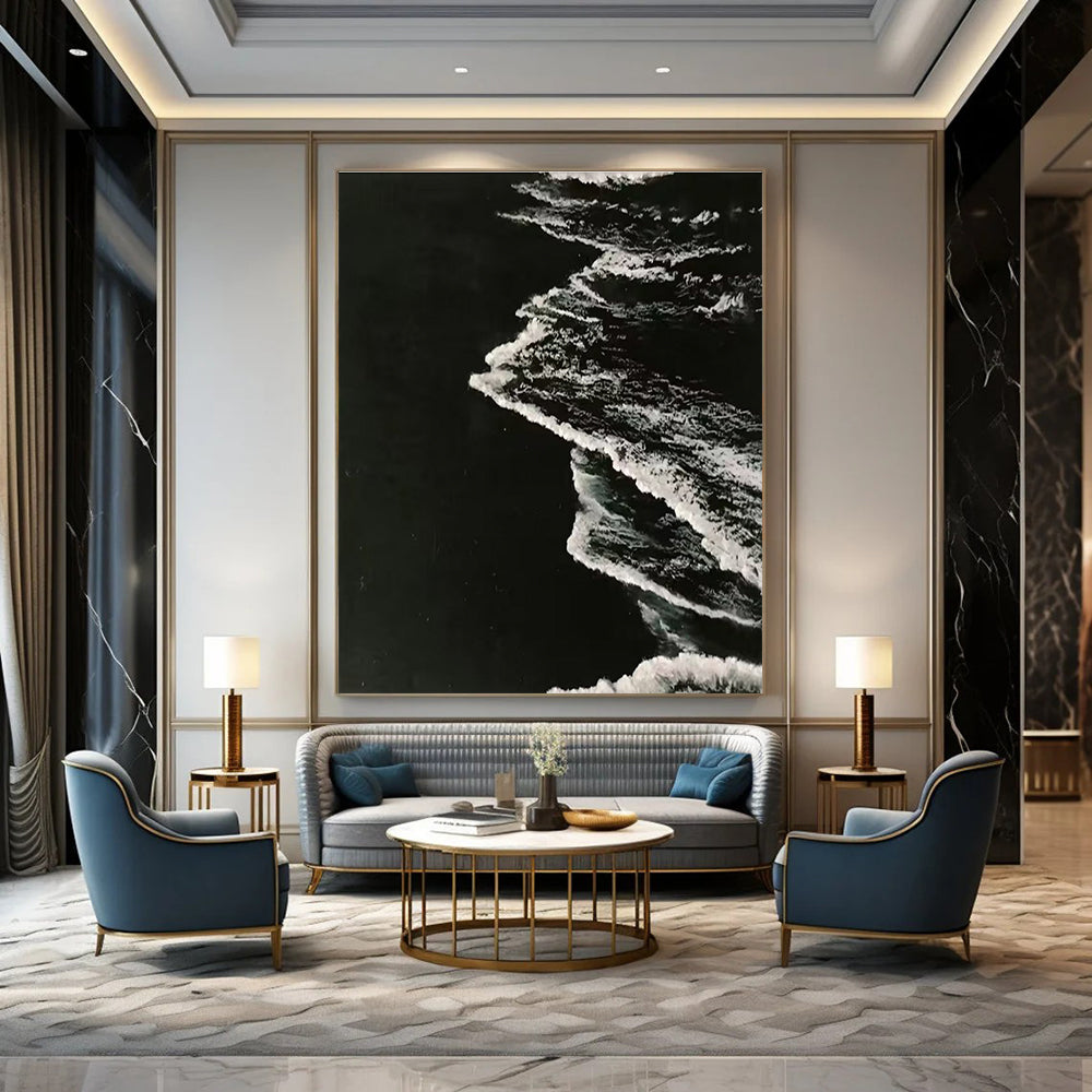 Black and White Textured Wave Abstract Painting ADGE349