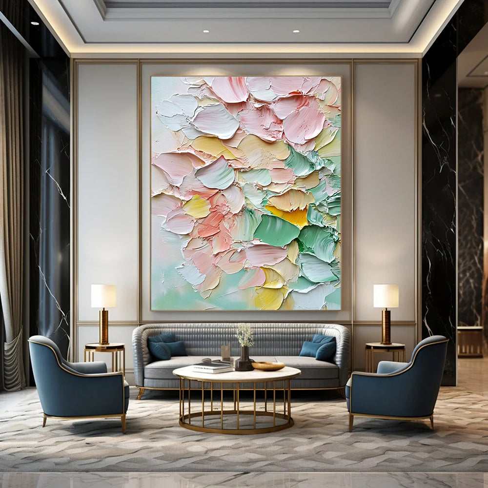 Abstract painting featuring a bouquet of pastel flowers in soft pink and green hues with vibrant accents for a warm romantic atmosphere.STSC1398