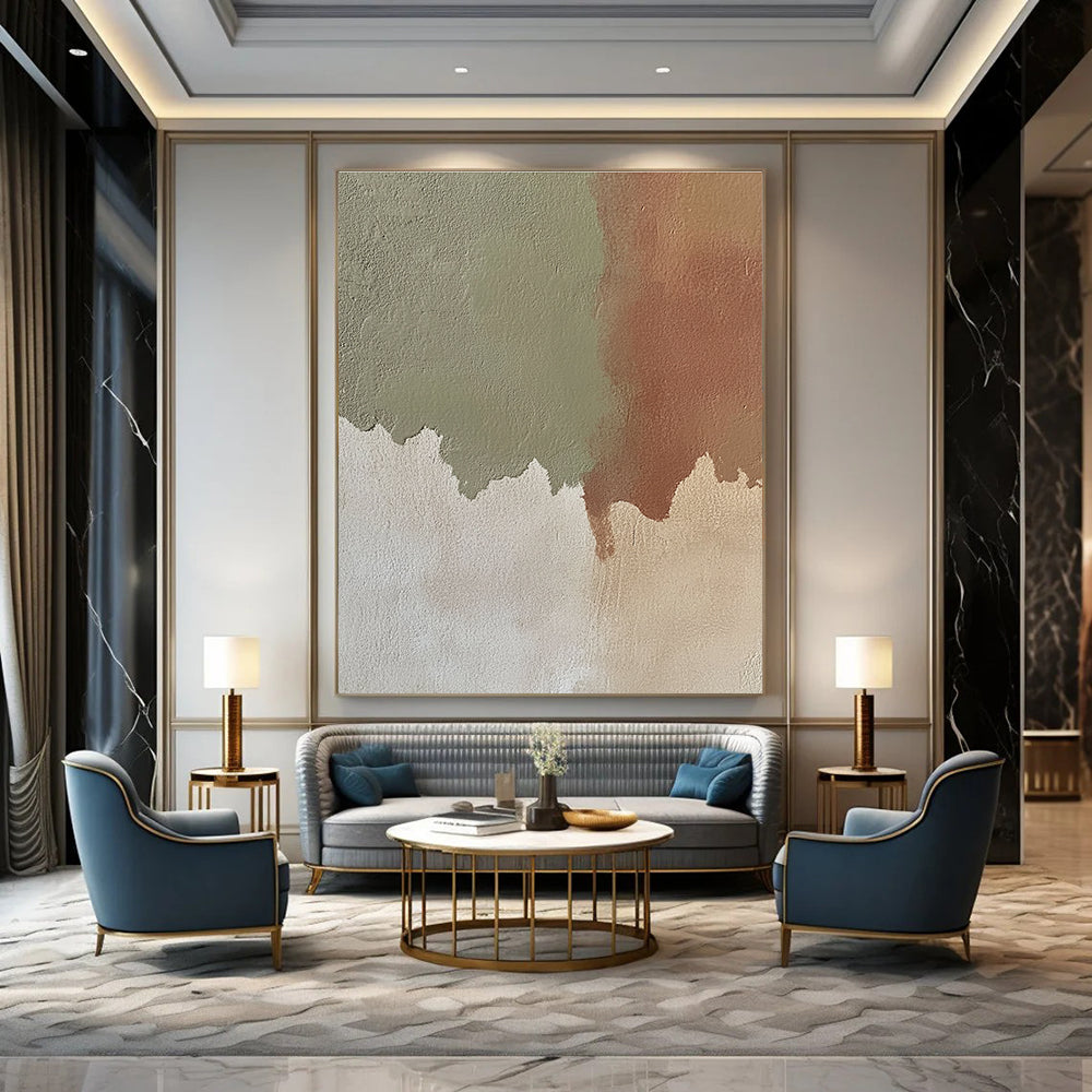 Abstract hand-painted artwork featuring beige paint with green shadows and reddish-brown shapes showcasing neutral tones and subtle color contrast.STSC488