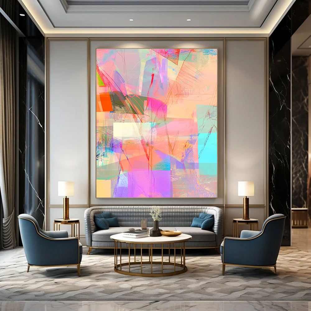 Abstract digital collage with pastel colors featuring neon pink squares bright blue patterns soft orange lines and vibrant green and yellow accents.STSC543