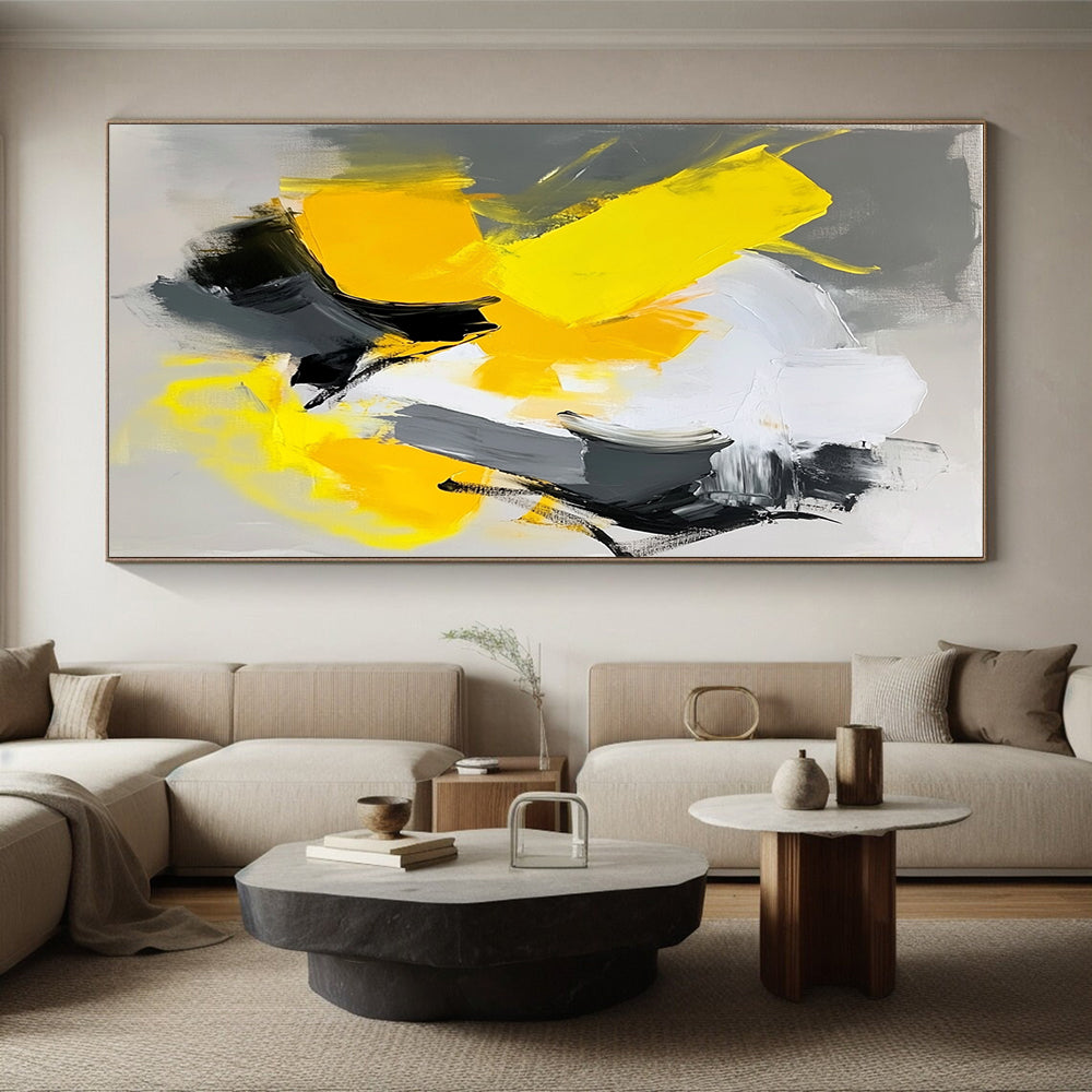 Yellow Gray Black Abstract Painting with Energetic Compositions GER809