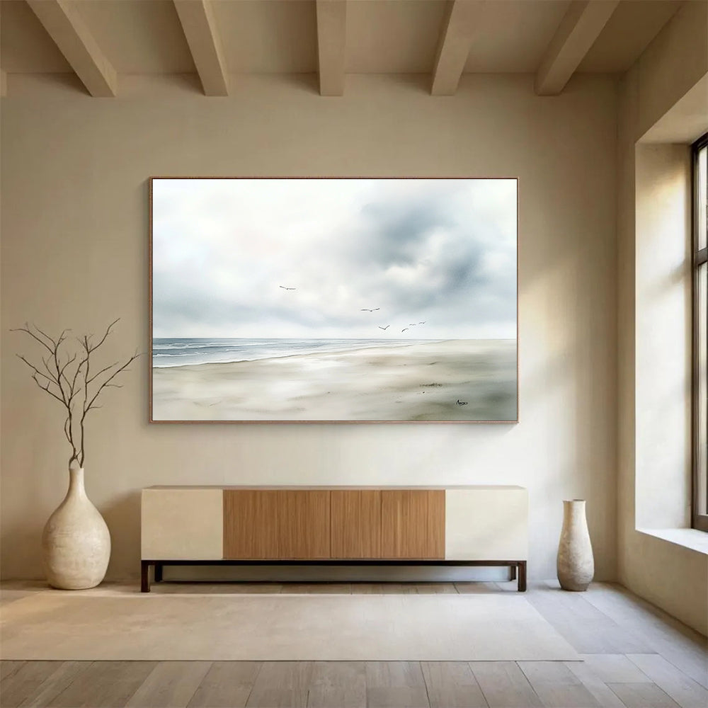 Seaside with Birds Watercolor Abstract Painting with Soft Blues and Grays DYP613