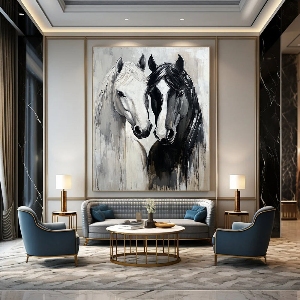 Abstract oil painting of black and white horses embracing with expressive brushstrokes and soft gray tones highlighting their fur texture and connection.STSC1388