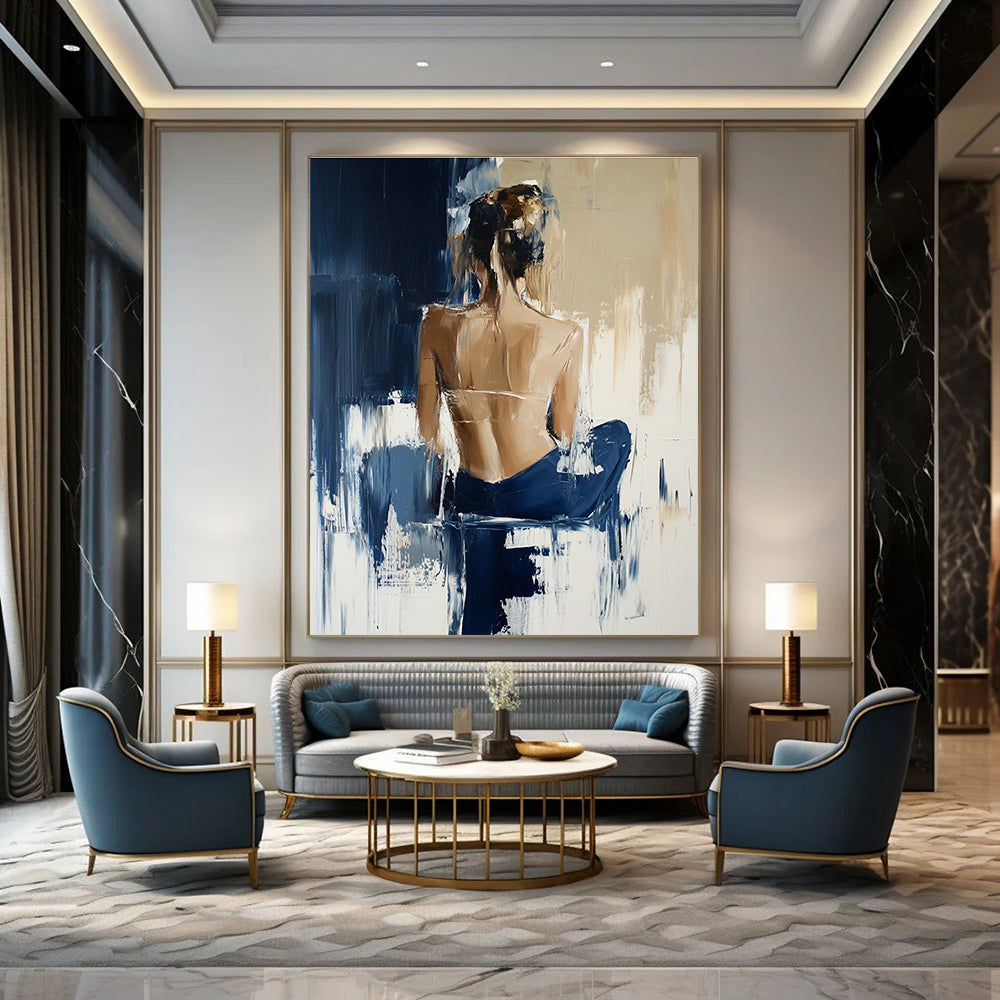 Abstract oil painting showcasing a woman in Hunkemöller collection with beige and navy blue tones and expressive brush strokes reminiscent of Richard Schmid.STSC175