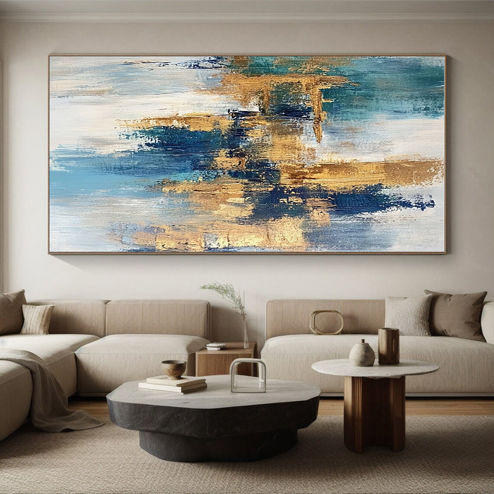 Blue and Gold Abstract Painting with Dynamic Strokes GER474