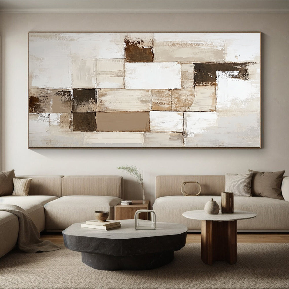 Beige Brown and White Abstract Painting with Patchwork Textures GER635