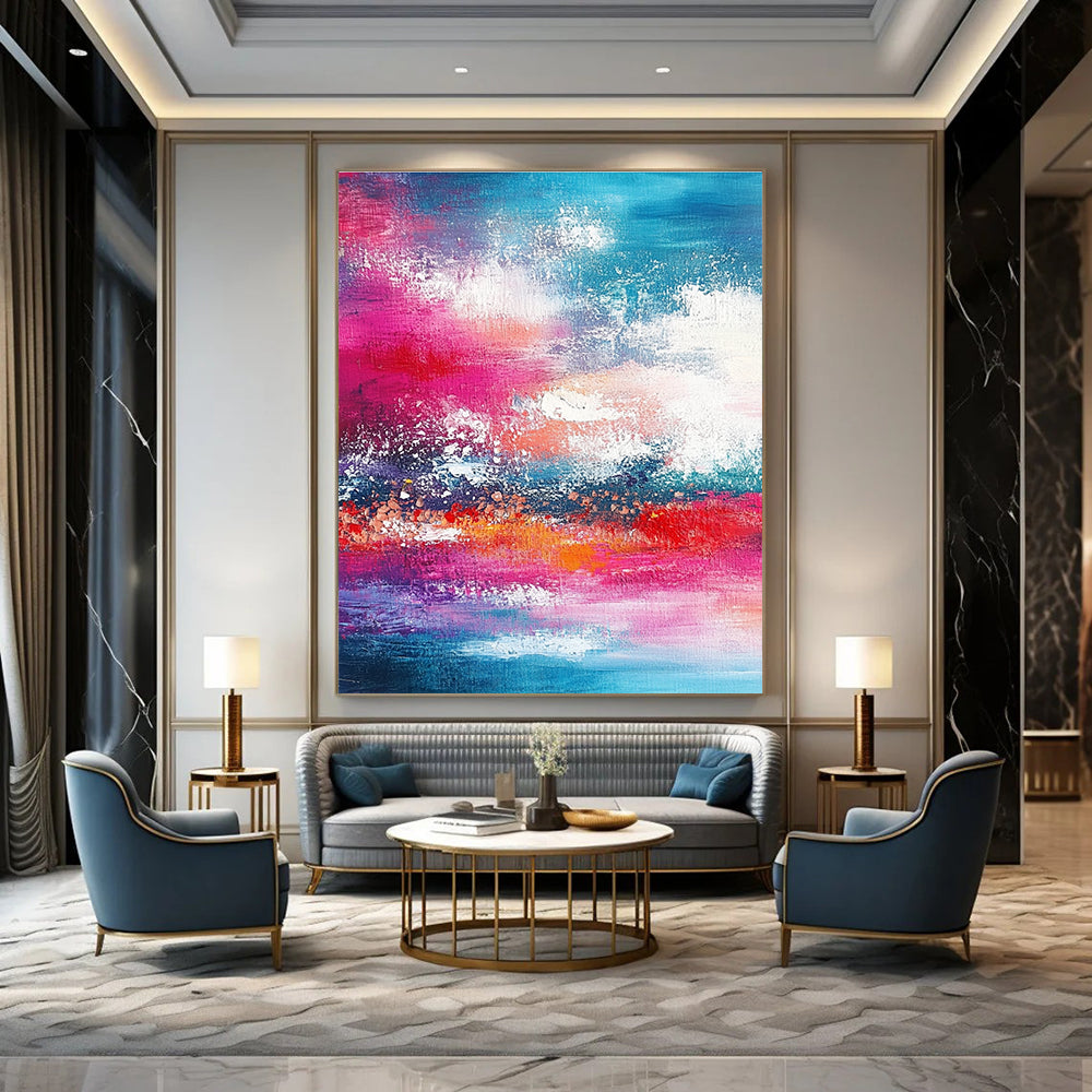 Large abstract painting featuring shades of red pink and teal with bold brush strokes of sky and sea in the background.STSC116